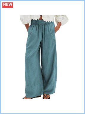 Wide Leg Linen Pants for Women Cotton Casual Palazzo Boho Flowy Beach Pants